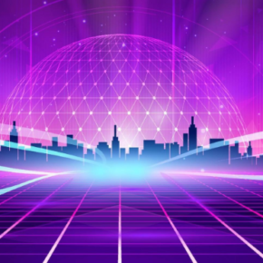 purple night with globe around city
