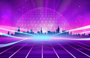 purple night with globe around city